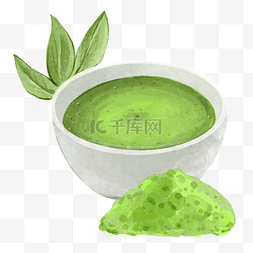 抹茶与茶叶水彩风格