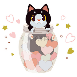 The character of cute cat garps a jar with th