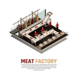 矢量食物和人图片_肉类工厂等距构图加工线从胴体切