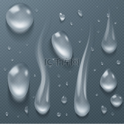 清澈的水滴、露水或滴在透明背景