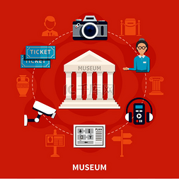 博物馆门票图片_博物馆平面图标设置在红色背景上
