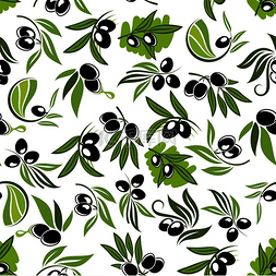 绿色食物背景图片_橄榄枝无缝图案与黑色水果、 绿