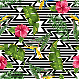亚热带树叶图片_有热带树叶和花朵的无缝图案。