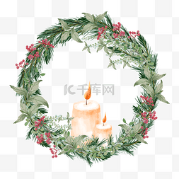 圣诞水彩叶花环图片_圣诞水彩蜡烛树枝花环