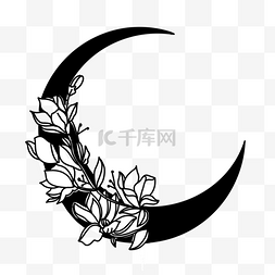 月亮黑白剪影图片_黑白线条卡通月亮花卉