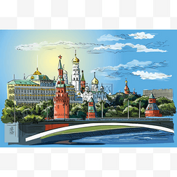 手绘克里姆林宫图片_莫斯科河上克里姆林宫塔楼和桥梁