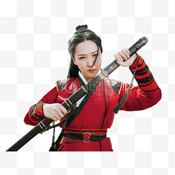 武侠穿红色汉服的女侠拔剑