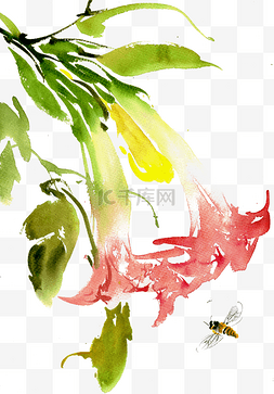 花瓣水墨图片_喇叭花与蜜蜂水墨