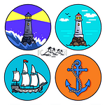 海报描绘了四个圆形图标之间的小岛，这些图标显示了带灯和不带灯的灯塔、船和带绳索的锚。