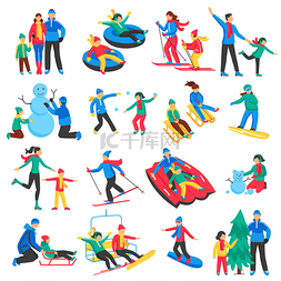 儿童滑雪设计图片_家庭冬季体育图标集