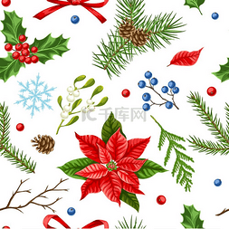 节日装饰背景图片_无缝图案搭配冬季植物圣诞快乐的