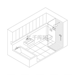 住宅内部模型图片_浴室浴室内部线条图等轴测视图