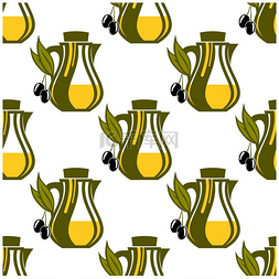卡通橄榄油图片_绿色和黄色橄榄油瓶的无缝图案，