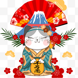 红色扇子富士山招财猫