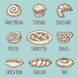 烹饪的图标图片_老式面包店或糕点产品系列。