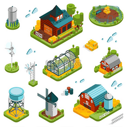 素材单个素材图片_农场景观元素集农场农村建筑等轴