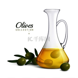 逼真树枝图片_橄榄系列逼真构图玻璃罐橄榄油和