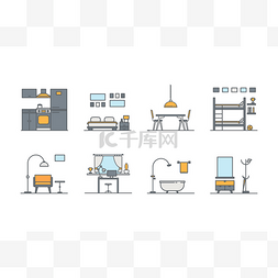 组的线颜色室内设计图标。股票矢