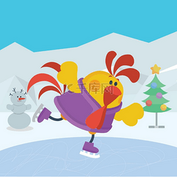 新年贺卡圣诞贺卡图片_公鸡鸟在滑冰场上滑冰运动中的公