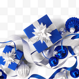白色质感球图片_圣诞节蓝色丝带礼盒
