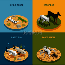 机器玩具矢量图片_生物机器人和真实动物等距设计概