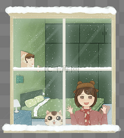 小雪女孩窗户
