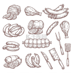 烧烤工具图标图片_牛肉和猪肉草图、香肠、屠夫和烧