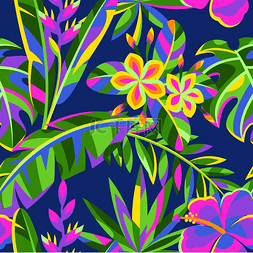 棕榈和树图片_与热带花卉和棕榈叶的无缝模式。
