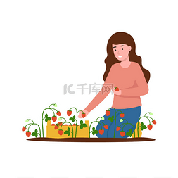 女孩坐在地上采摘草莓