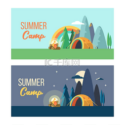 夏天旅游背景图片_露营矢量插图在大自然的帐篷里度