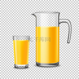 玻璃和投手在透明背景上加橙汁。
