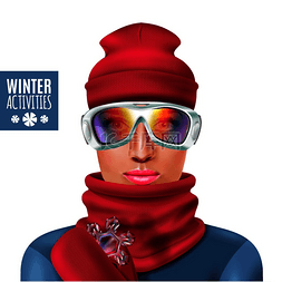 滑雪插图图片_彩色滑雪服冬季女性组合与红色帽