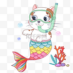 猫美人鱼潜水海底水彩画