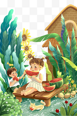 夏天小暑院子里吃西瓜的娃们