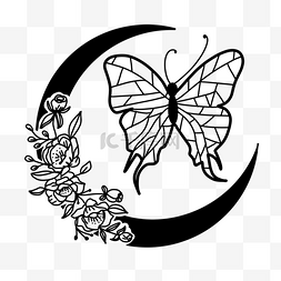 正面蝴蝶黑白花卉月亮剪影
