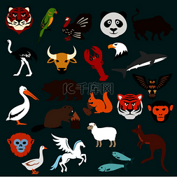 神话风格图片_动物和鸟类图标，包括老虎、鹦鹉