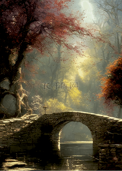 红叶石楠图片_水墨国画河面上的石桥