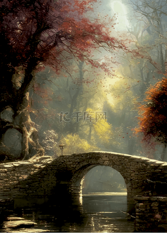 桥面图片素材_水墨国画河面上的石桥