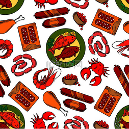 鱼子酱图案图片_美食无缝背景壁纸上有香肠海鲜螃