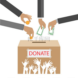 慈善背景图片_手把金币和钱放在捐款箱里。