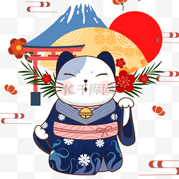 猫和服图片_富士山日本招财猫