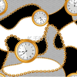 昂贵手表图片_与金链和手表的无缝模式。