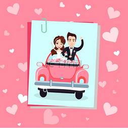 站车上图片_婚礼照片由粉红色的心装饰，幸福