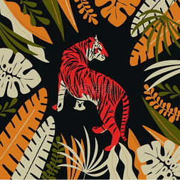 热带森林大树叶图片_手绘老虎与异国情调的热带树叶，