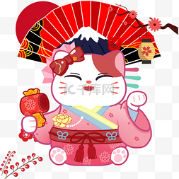 红色财图片_红色扇子富士山招财猫