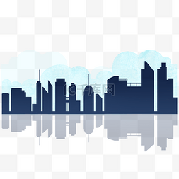 蓝色城市建筑剪影图片_渐变白云城市高楼大厦天际线剪影