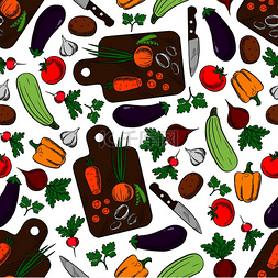 西红柿和茄子图片_素食春色拉无缝图案的木制切菜板