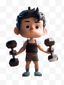 体育锻炼图片_3D立体卡通运动体育男孩锻炼哑铃