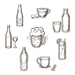 酒瓶和玻璃杯、啤酒、咖啡、茶、