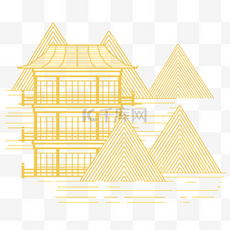 山水金色图片_中式金色线条山水建筑描金